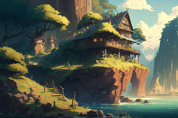 Ghilbli style hill house by the river with waterfall