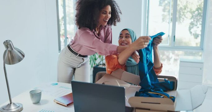 Muslim, clothes or happy woman with delivery from ecommerce purchase on an online retail fashion boutique. Islamic, wow or excited worker showing an employee cool clothing products on sale discount