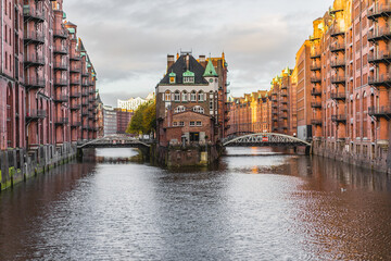 Classic view of famous speicherstadt warehouse district hafencity quarter in hamburg germany