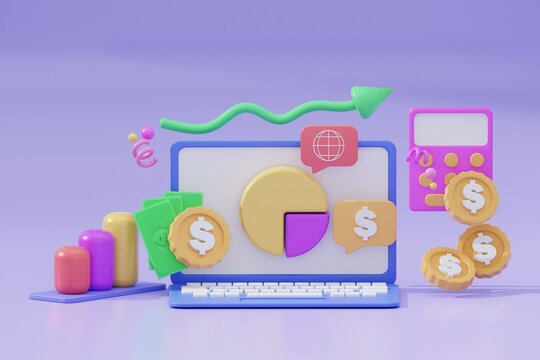 Trading concept, Software and web development with shapes, bar chart, coind, calculator on blue background. 3d rendering