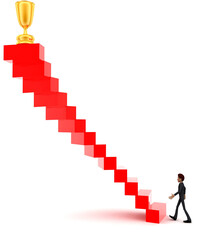 3d man walking upwards to golden trophy with the help of stairs concept