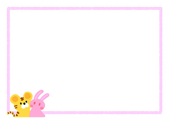 トラとうさぎとシンプルな透ける四角のフレーム　ピンク