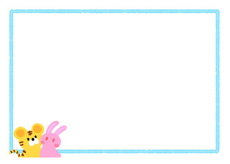 トラとうさぎとシンプルな透ける四角のフレーム　水色