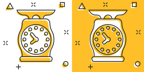 Weight scale icon in comic style. Mass measurement cartoon vector illustration on isolated background. Overweight splash effect sign business concept.