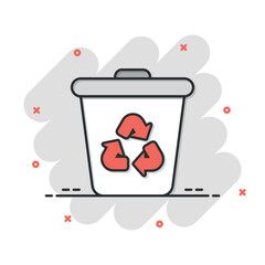 Garbage bin icon in comic style. Recycle cartoon vector illustration on white isolated background. Trash basket splash effect sign business concept.
