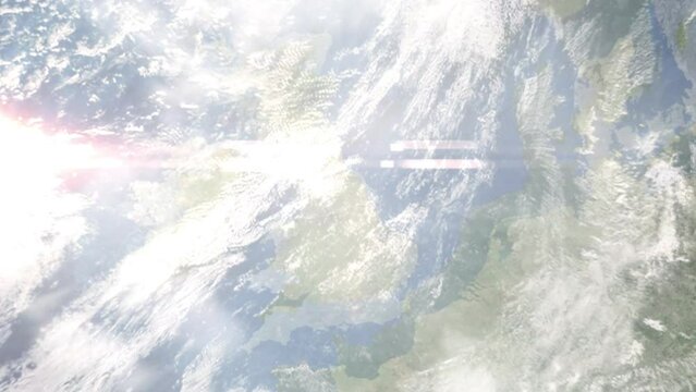 Earth zoom in from outer space to city. Zooming on York, UK. The animation continues by zoom out through clouds and atmosphere into space. Images from NASA