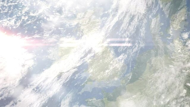 Earth zoom in from outer space to city. Zooming on Blackpool, UK. The animation continues by zoom out through clouds and atmosphere into space. Images from NASA