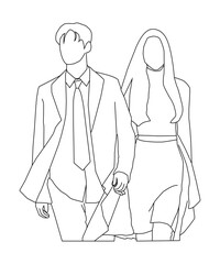 Kdrama couple walking and holding hands wearing beautiful clothes. kpop couple. vector illustration line art drawing.