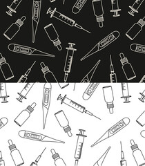 doodle pattern with medical devices, background for the form of a medical company, a poster, a jar for a pharmacy with a syringe, a thermometer, a bottle on a black and white background