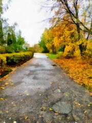 Fototapeta na wymiar Autumn road and trees digital painting