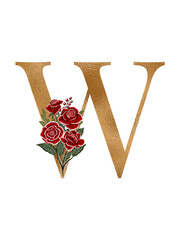 Floral alphabet, gold letter with watercolor flowers and leaf 