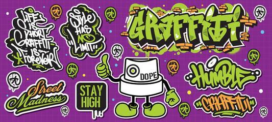 A set of colorful or vibrant graffiti art stickers. Street art theme, urban style for T-shirt design, graffiti design for wallpaper, wall art or print art designs.