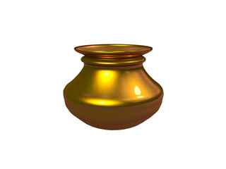 Greeting background with gold pot (kalash) and gold coins for Indian festival Dhanteras isolated on white Background . 