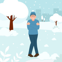 A young man shivers from the cold, hugs himself with his hands. Guy sensitive to cold freezing outdoor in the snow. Winter season.Cold Weather, Freeze. Vector illustration