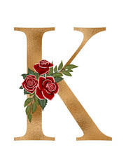 Floral alphabet, gold letter with watercolor flowers and leaf 