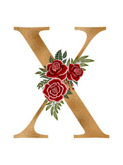 Floral alphabet, gold letter with watercolor flowers and leaf 