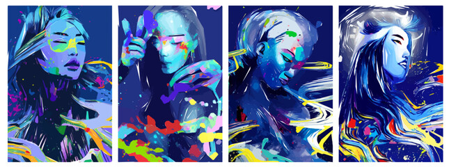 Female on blue abstract background with colorful paint, splatter and shapes. Suitable for greeting cards, fabrics, wrappers, postcards, banners.