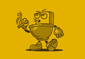 Illustration design of toilet mascot holding a cigarette