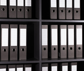 Archive, business documents in folders binders on shelf. Storage in rows