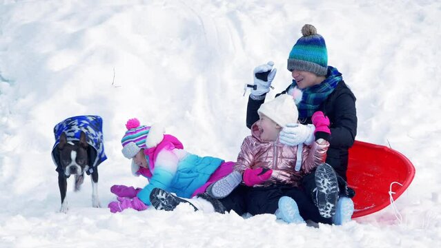 Mom and Two Little Girls Snow Sled Crash with Family Dog