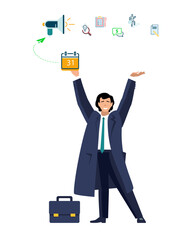 Infographics, banner. Startup, work, jobs. A businessman plans a business goal for the year. Financial success. Business presentation, template. Annual contract, report. Vector, illustration, design