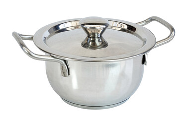 a small saucepan with a white metal lid on a white background