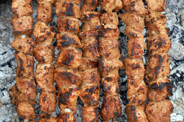 Close up shot of appetizing hot shish kebab with tomatoes on metal skewers prepares on the coals outdoors. Grilling shashlik on barbecue grill. Marinated meat.