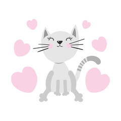 Cute baby cat with hearts. Vector illustration for baby shower, greeting card, party invitation, fashion clothes t-shirt print.