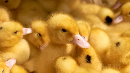 Yellow ducklings sold on local market. Little fluffy babies chicks. Poultry farm. Agriculture business