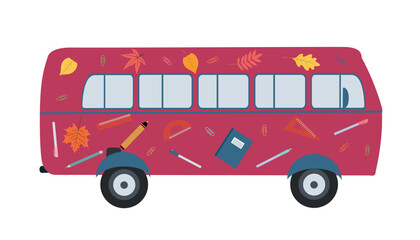 Vector design of a flat bus with drawings of school supplies on the bus. Back to school.