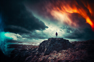 Fototapeta premium photography of Displaced, adrift, lost in time, a lonely figure stands on the edge of a cliff. Generative AI