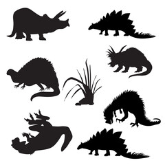 Dinosaur silhouette. Dinosaurs and Jurassic dino monsters icons. Vector silhouette of triceratops or T-rex, brontosaurus and stegosaurus, ceratosaurus and parasaurolophus reptile © Elena