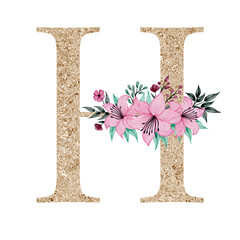 Floral alphabet, gold letter with watercolor flowers and leaf 