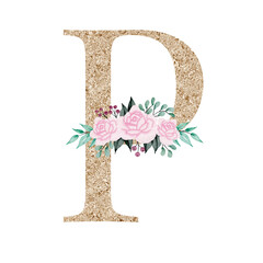 Floral alphabet, gold letter with watercolor flowers and leaf 