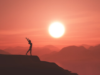 3D sunset landscape with a female stood on a mountain with arms raised