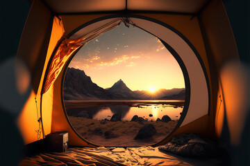 sunset view from inside the camping tent, areal view. Generated AI