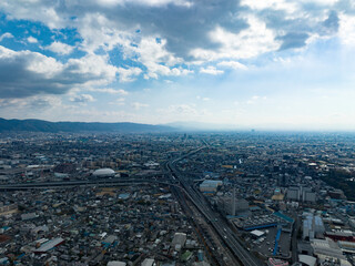 大阪府門真市上空からの空撮写真　門真ジャンクション、ラクタブドーム等