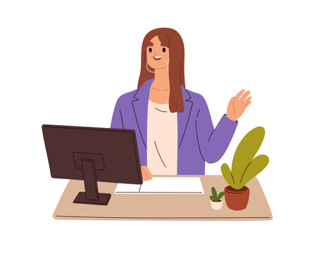 Business Person During Online Video Call. Happy Woman Employee Sitting At Office Work Desk, Greeting Via Internet.Virtual Communication Concept. Flat Vector Illustration Isolated On White Background