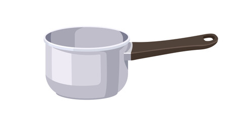 Saucepan, cooking pot. Saute pan with long handle. Deep empty sauce utensil with tall sides. Metal, stainless steel kitchenware for cook. Flat vector illustration isolated on white background