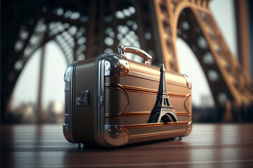 Fototapeta na wymiar suitcase in front of the eiffel tower, front view. Generated AI