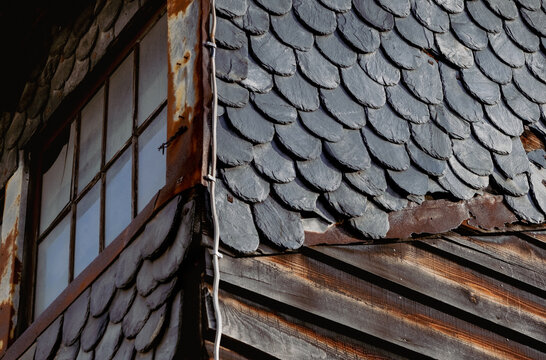abandoned wooden house with scaly stone tiles - Hokkaido Japan