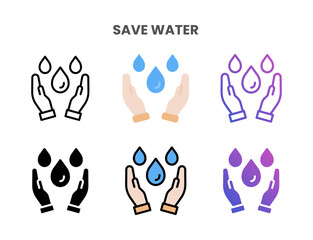 Save Water icons vector illustration set line, flat, glyph, outline color gradient. Great for web, app, presentation and more. Editable stroke and pixel perfect.