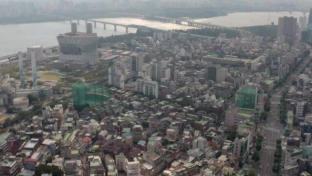 [korea drone footage] Seoul cityscape, Jongno, Mapo, Hongdae, , Hongik University, downtown