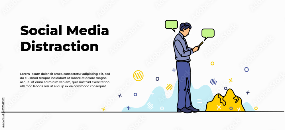 Wall mural Social media distraction web banner. Vector illustration of man engrossed in cell phone not seeing any stones in front of his. Modern flat in continuous line style.