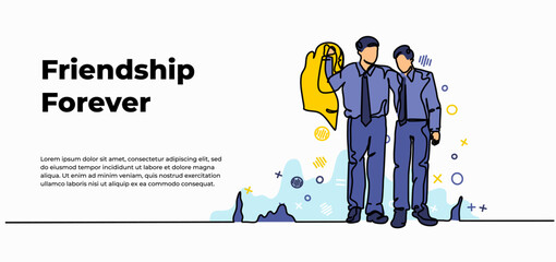 Friendship forever web banner. Vector illustration of man walks embracing his agitated friend. Modern flat in continuous line style.