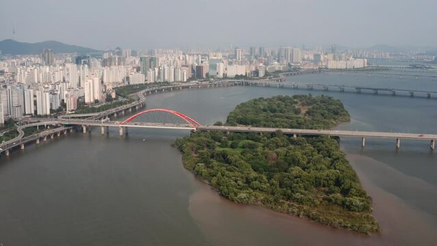 [korea drone footage] seoul city landscape, Yeouido, Financial District, Sogang Bridge