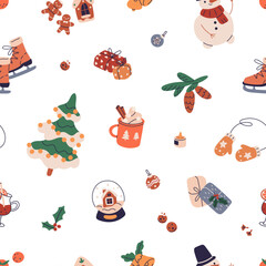 Seamless Christmas pattern. Winter holiday repeating print, background, texture design with hygge stuff, Xmas decoration, gifts, tree. Colored flat vector illustration for wrapping, festive textile