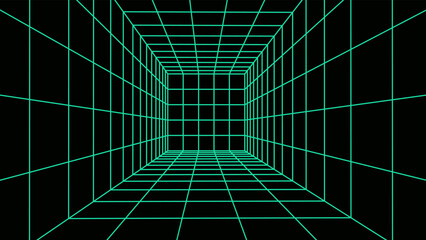 3d wireframe green room. Abstract perspective grid. Retro futuristic concept. Vector illustration.
