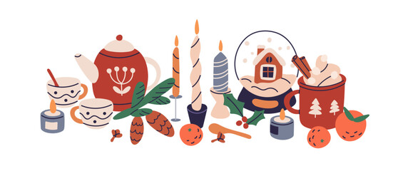 Christmas decorations. Cozy winter holiday decor, hygge stuff composition. Xmas ornaments, decorative candles, snow globe, cacao mug, tangerines. Flat vector illustration isolated on white background