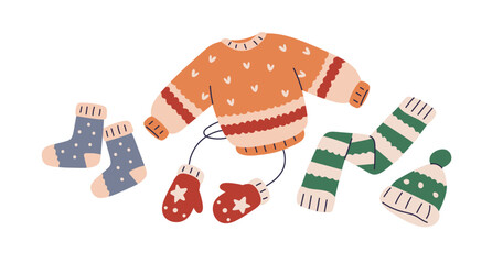 Knitted clothes set. Kids knitwear garments. Warm wearing, sweater, winter hat, mittens, cozy socks, scarf. Childish wardrobe for cold season. Flat vector illustration isolated on white background